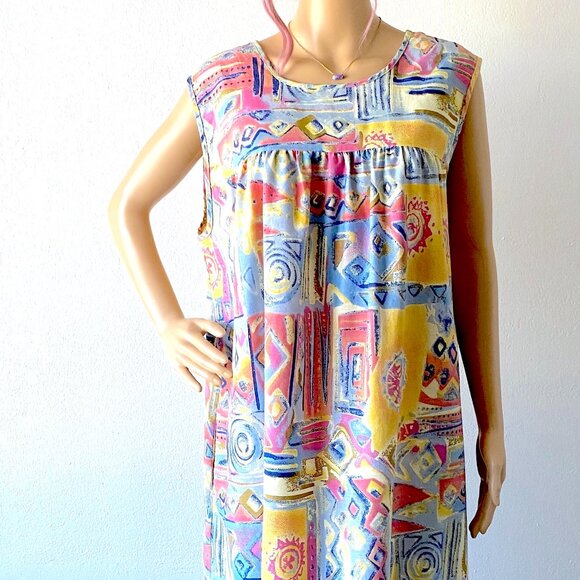 Plus Size House Dress Lounge Dress Casual Summer Midi Dress Abstract Colorful 1X - Picture 2 of 9